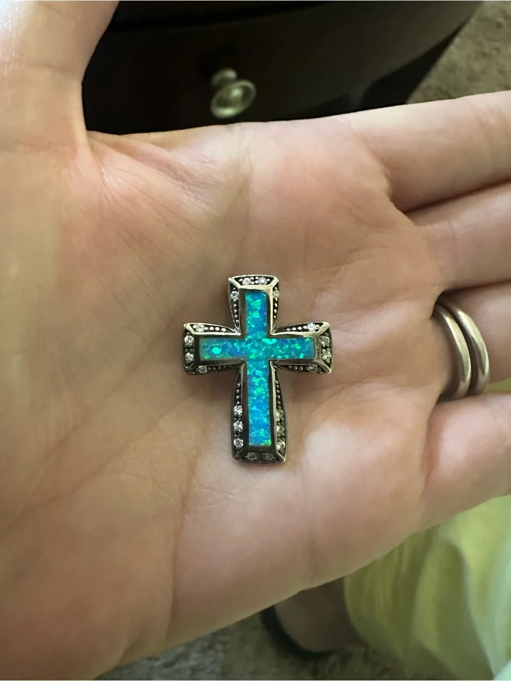 Blue Opal Cross Pendant Necklace Charm - Picture 1 of 6